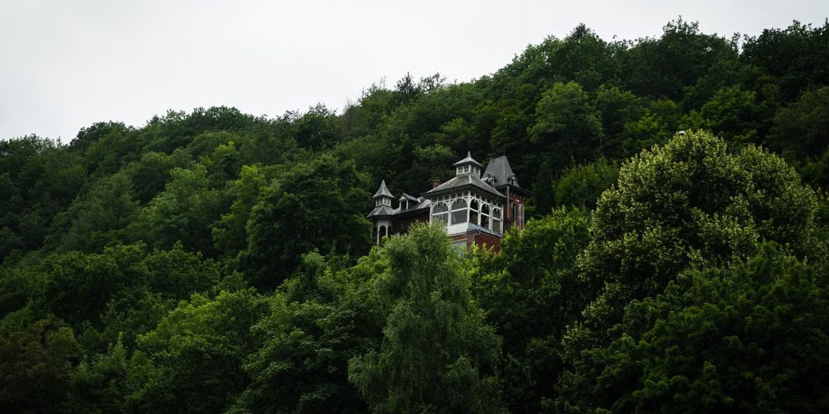 Picturesque view of a secluded villa nestled in the lush forested hills of La Roche-en-Ardenne, Belgium.