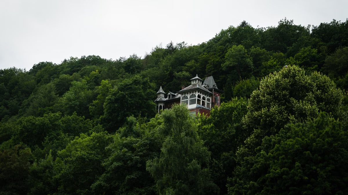 Picturesque view of a secluded villa nestled in the lush forested hills of La Roche-en-Ardenne, Belgium.